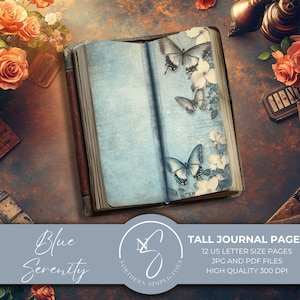 Blue Serenity Tall dagboekpagina's, dunne afdrukbare journaling, vlinderpapier, blauwe bloemen Junk Journal, vintage ephemera, 2025, B21