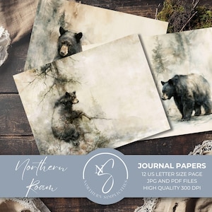 May include: Three journal papers with watercolor illustrations of black bears in a forest setting. The papers have a vintage aesthetic. Text on the image reads "Northern Roam" and "Journal Papers".
