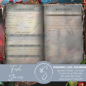 Cuaderno de pesca vintage de Fish Stories, kit de planificador de diario basura, papeles de planificador diario imprimibles sin fecha para hacer uno mismo, regalo para pescador, 2024, F6