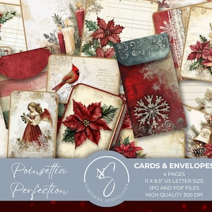 Poinsettia Perfection Journal Cards e mini buste: Vintage Country Christmas ATC Cards, Rustic Ephemera, Journal Kit, 2024, P16