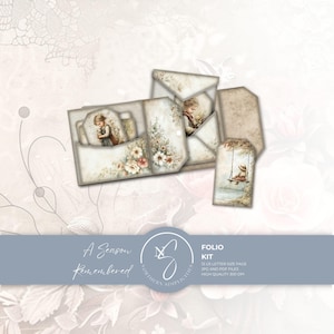 May include: A paper folio kit featuring vintage-style illustrations of children and floral motifs in muted beige and brown tones. The set includes folded pockets, envelopes, and tags with printed text reading A Season Remembered and Folio Kit.