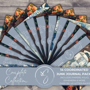 BUNDEL Blue Serenity Junk Journal Kit Collection, afdrukbaar digitaal papier, vintage ephemera, bloemenvlinders, zangvogels, 2025, B21C