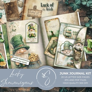 Kit de diario basura Lucky Shenanigans con folio del Día de San Patricio, efímeras, duendes, papel para álbum de recortes con tréboles, olla de oro, 2025, L25