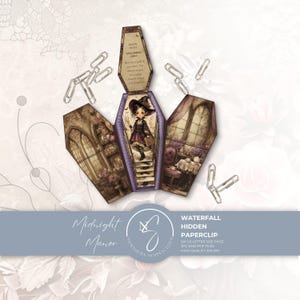May include: A coffin-shaped papercraft waterfall card featuring a central illustration of a witch in a purple dress, surrounded by interior room scenes. The top flap reads SPELLBOOKS ONLY. Includes several silver metal paperclips scattered around.