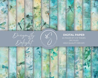 Dragonfly Delight, Watercolor Dragonfly Paper - Digital Download, Scrapbooking, Junk Journals, Backgrounds, Instant Commercial Use, 2024, D1