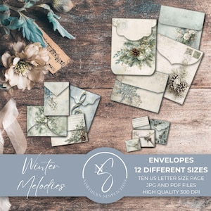 May include: A selection of vintage envelopes in different sizes, adorned with winter botanical designs. The envelopes are in cream, blue, and green hues, with pine cones and floral details. The text "Winter Melodies" is visible.