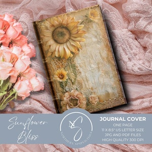 Zonnebloem Bliss Vintage boekomslagen zonnebloemen dagboek afdrukbare, digitale download antieke junk Journal vintage ephemera bloemen, 2024, S8