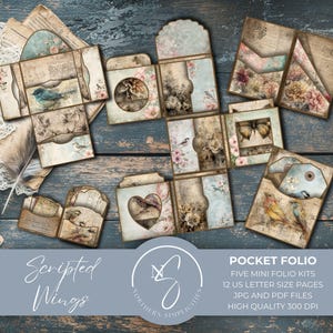 May include: A collection of paper craft pocket folio kits featuring vintage floral, bird, and butterfly illustrations with script text. The set includes various folded pockets, heart-shaped cutouts, and tags. Text reads: Scripted Wings, POCKET FOLIO, FIVE MINI FOLIO KITS, 12 US LETTER SIZE PAGES, JPG AND PDF FILES, HIGH QUALITY 300 DPI.
