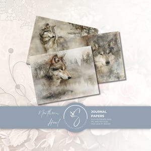 May include: Three rectangular sheets of paper featuring watercolor-style illustrations of wolves in a misty forest setting. The text on the overlay reads Northern Howl, Journal Papers, 12 US Letter Size Page, JPG and PDF Files, High Quality 300 DPI.