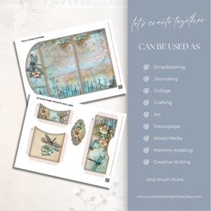 Dragonfly Delight trifold folio with coordinating pockets, blue-green dragonflies, cream and blush flowers, leafy details and aged paper textures.