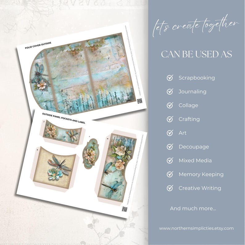 Dragonfly Delight trifold folio with coordinating pockets, blue-green dragonflies, cream and blush flowers, leafy details and aged paper textures.