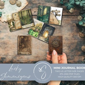 Lucky Shenanigans Mini Journal Book met Ierse ephemera, vintage kabouter, miniboekomslagen als digitale download voor afdrukbare pagina's, 2025, L25