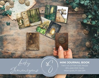 Lucky Shenanigans Mini Journal Book with Irish ephemera, vintage leprechaun, mini book covers as printable pages digital download, 2025, L25