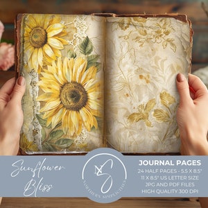 Kit de journal indésirable Sunflower Bliss, téléchargement numérique imprimable, papier de scrapbooking, éphémères vintage, fleurs, feuilles de collage, 2024, S8