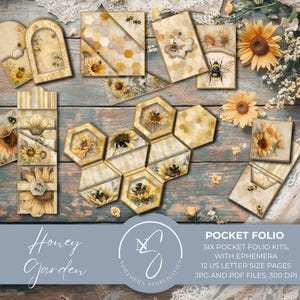 Può includere: Una collezione di kit di folio tascabili con efemeridi, con un tema giardino di miele. I disegni includono girasoli, api e motivi a nido d'ape. Il testo sull'immagine recita "Honey Garden" e "Pocket Folio".