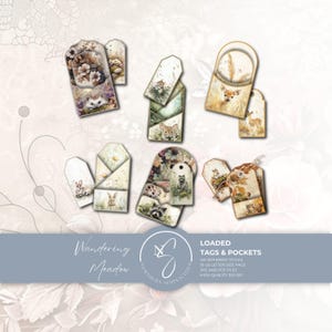 Puede incluir: Una colección de seis etiquetas y bolsillos de papel decorativos con ilustraciones de animales del bosque como erizos, ciervos, conejos y mapaches. El conjunto incluye el texto Wandering Meadow, Loaded Tags & Pockets y Northern Simplicities.