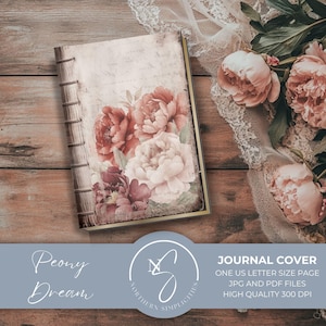 Peony Dream Journal-omslag – verouderd versleten noodlijdende bloemen afdrukbaar voor junk Journal Kit, dieprood, rijke bessen, rustige roze tinten, 2025, P22