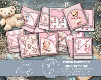 Sweet Cuddles Hidden Paperclips Paperclip Bookmark Baby Girl Paper Kits Teddy Bear Ephemera Bear Junk Journal Vintage Teddy Bear, 2025, C42