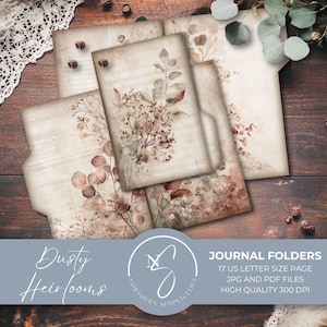 May include: A collection of vintage-style journal folders with floral and botanical illustrations in muted tones. The folders are arranged on a dark wood surface, with the text "Dusty Heirlooms" and "Journal Folders" visible.