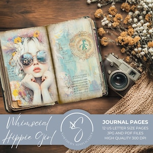 Pages de journal indésirable lunatique fille hippie - papier numérique vintage - kit de scrapbooking imprimable - style bohème - 2025