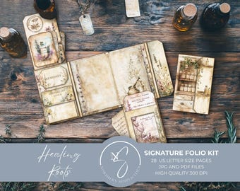 Healing Roots Signature Folio Kit, Herbalist Apothecary with No Sew Signature Journal Pages, Printable Vintage Ephemera, 2025, H43