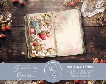 Páginas de diario de jardín de fresas con papeles vintage de fresas para diarios creativos, papel para álbumes de recortes y descarga imprimible, 2025, S48