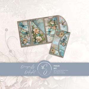 Dragonfly Delight trifold folio with coordinating pockets, blue-green dragonflies, cream and blush flowers, leafy details and aged paper textures.