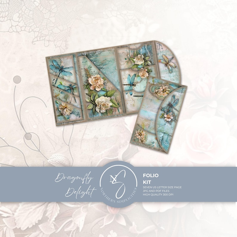 Dragonfly Delight trifold folio with coordinating pockets, blue-green dragonflies, cream and blush flowers, leafy details and aged paper textures.