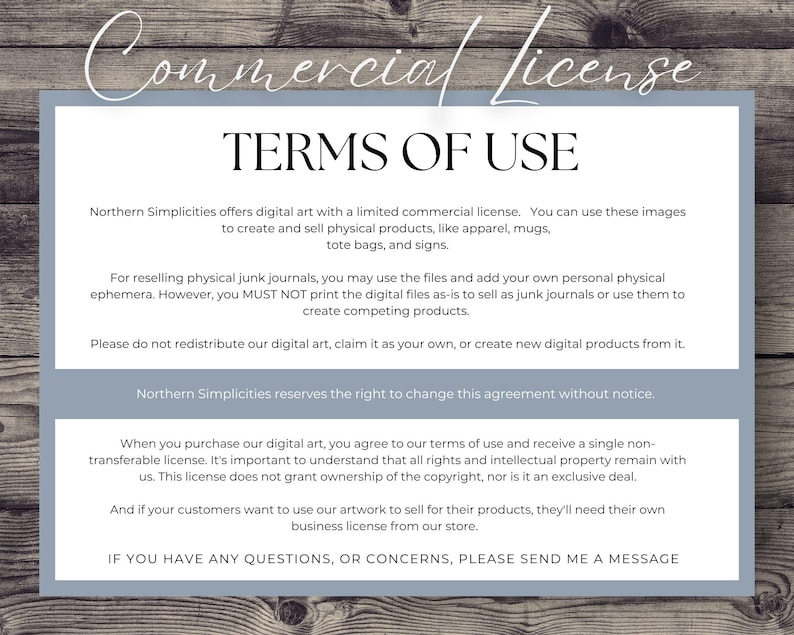 May include: A text-based image with a blue background and white text outlining the terms of use for a commercial license for digital art. The text states that the license is limited and allows for the creation of physical products, but not the redistribution of the digital art or the creation of new digital products. The text also states that the right to change the agreement without notice is reserved.