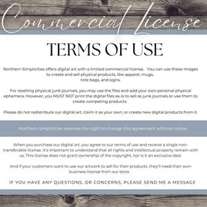 May include: A digital document outlining a commercial license, with the title "Commercial License" at the top. The text details terms of use for digital art, including permitted uses for apparel, mugs, and signs, and restrictions on redistribution.