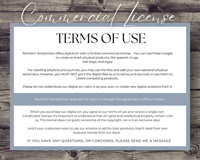 May include: A digital document outlining a commercial license, with the title "Commercial License" at the top. The text details terms of use for digital art, including permitted uses for apparel, mugs, and signs, and restrictions on redistribution.
