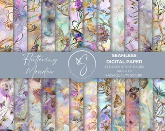 May include: A collection of 24 seamless digital paper designs featuring watercolor backgrounds in pastel shades of purple, blue, and pink, accented with gold line art of butterflies and flowers. Text reads Fluttering Meadow and Seamless Digital Paper.