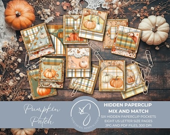 Pumpkin Patch Hidden Paperclips paperclip bookmark for pumpkin junk journal loaded envelope pocket tags printable ephemera insert, 2025, P44