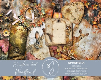 Enchanted Woodland Ephemera, Junk Journal Kit, Printable Pages, Forest Animals Fall Scrapbook Papers, Digital Download, 2024, E11