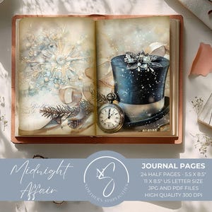 Midnight Affair Journal-pagina's, vintage nieuwjaarsdagboekkit, winterplakboekpapier, afdrukbaar, 2025 oudejaarsavondfeest, 2024, M17