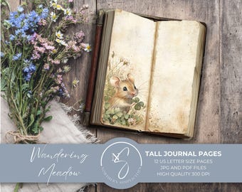 Wandering Meadow Tall Journal Pages with woodland animals junk journal kit printable, a skinny digital download for scrapbook, W36, 2025