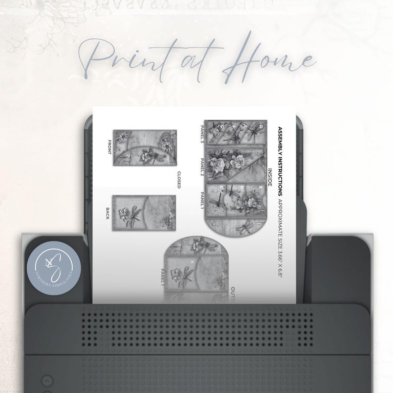 Dragonfly Delight trifold folio with coordinating pockets, blue-green dragonflies, cream and blush flowers, leafy details and aged paper textures.