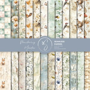May include: A collection of seamless digital papers titled Wandering Meadow, featuring watercolor illustrations of woodland animals, wildflowers, daisies, and foliage. The set includes 24 12 inch by 12 inch pages in high quality 300 DPI resolution.