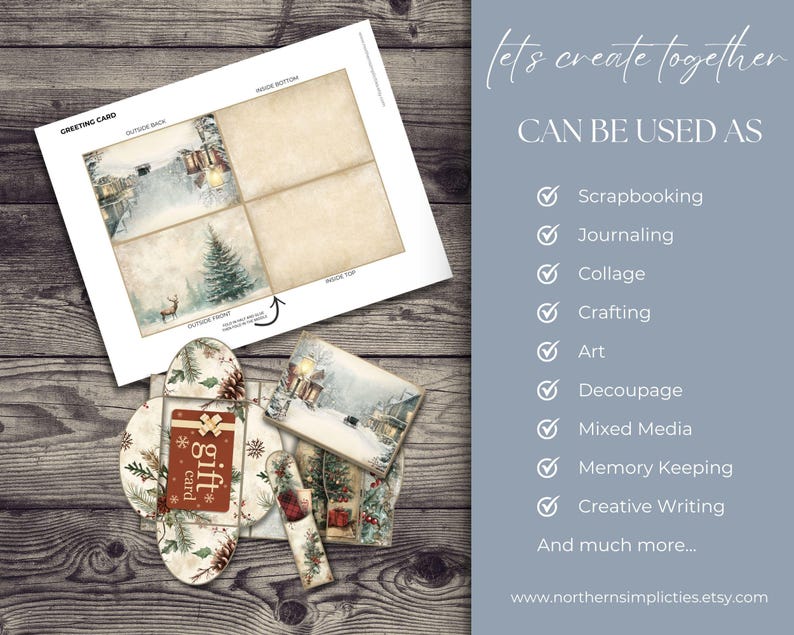 May include: A Christmas-themed greeting card and gift card set. The greeting card features winter landscape illustrations. The gift card has a red background with the word "gift" on it. The text "let's create together" is also visible.