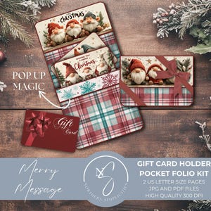 May include: A Christmas gift card holder kit featuring gnome illustrations and a red and teal plaid design. The kit includes a red gift card with a bow, and the text "Merry Message" and "Gift Card Holder Pocket Folio Kit".