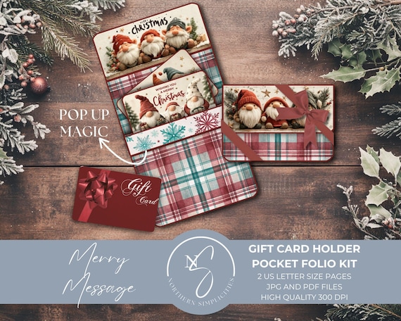 Merry Message Pocket Folio Kit with Christmas Gnomes, a pop up card for your junk journal or as a holiday gift card holder, M54, 2025