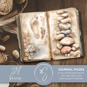 May include: Open journal pages with watercolor illustrations. One page features footprints and floral accents, the other a stack of stones. The journal is on a wooden surface, with feathers and twine nearby. Text on the image reads "Still Voices" and "Journal Pages".