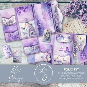 Lilas Wings Folio Junk Journal Kit en téléchargement numérique avec page éphémère violette, papillons vintage et papier aquarelle, 2025