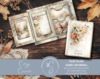 Cozy Curio Flip Flop No Sew Junk Journal with shabby chic autumn pages, vintage fall ephemera, and folio printable art, 2025