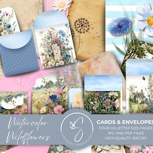 Cartões de diário de flores silvestres em aquarela e mini envelopes, cartões ATC imprimíveis para diários de flores vintage e colagem digital, 2024, W3