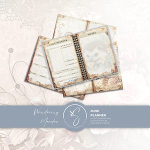 Może przedstawiać: Spiralny planer dzienny w stylu vintage z beżowym tłem, ilustracją jeża i sekcją na notatki. Strony zawierają harmonogram dnia, listę zadań i trackery nawodnienia. Tekst głosi Wandering Meadow, Junk Planner, 24 US Letter Size Page, JPG and PDF Files, High Quality 300 DPI.