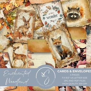 Tarjetas y mini sobres de diario de Enchanted Woodland, animales del bosque, tarjeta ATC, kit de otoño, descarga digital, efímera de otoño, 2024, E11