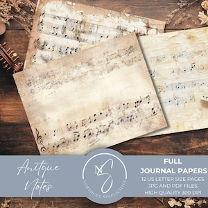 Könnte beinhalten: Eine Sammlung von Journalpapieren im antiken Stil mit Noten darauf gedruckt. Die Papiere haben ein Vintage-Aussehen mit sichtbaren Texturen und Flecken. Der Text "Antique Notes" und "Full Journal Papers" ist im Bild enthalten.