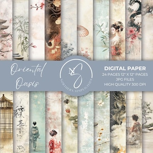 Digitala papper med orientalisk oas, scrapbooksida i japansk stil, orientaliskt mönster för din journal, digitalkit, sömlöst collageark, 2025, O31