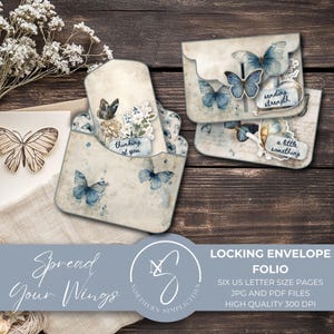 May include: Stationery set with butterfly motifs. Includes a card with a butterfly illustration, locking envelope folios, and decorative elements. The envelopes feature blue butterfly accents and the phrases "thinking of you", "sending strength", and "a little something".